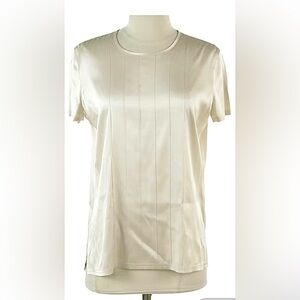 CHANEL Silk Cream Tuck Pleat Short Sleeve Top, Pearlescent Chanel buttons